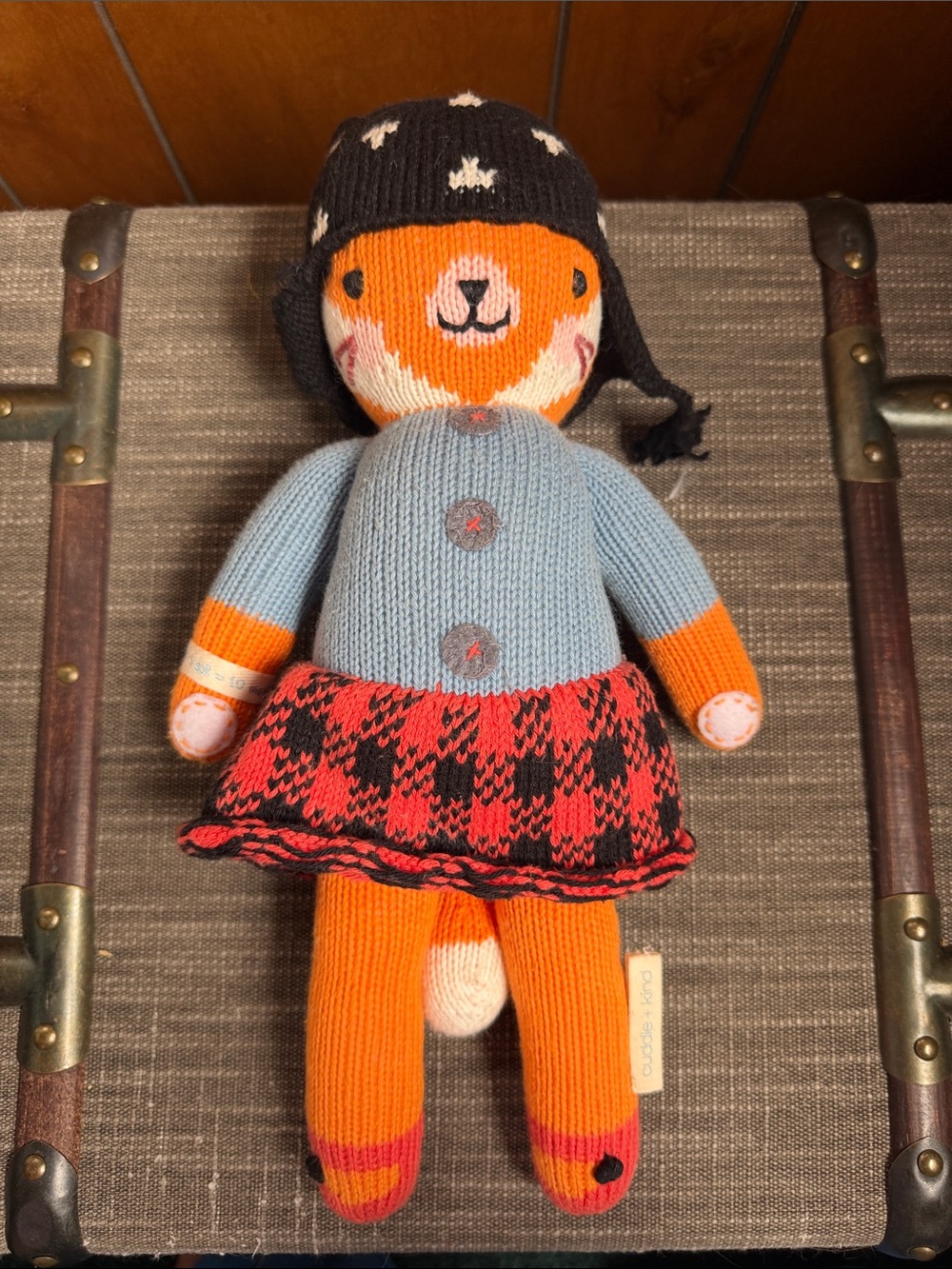 Plush Orange Knit Fox Doll with Blue Sweater and Red Plaid Skirt